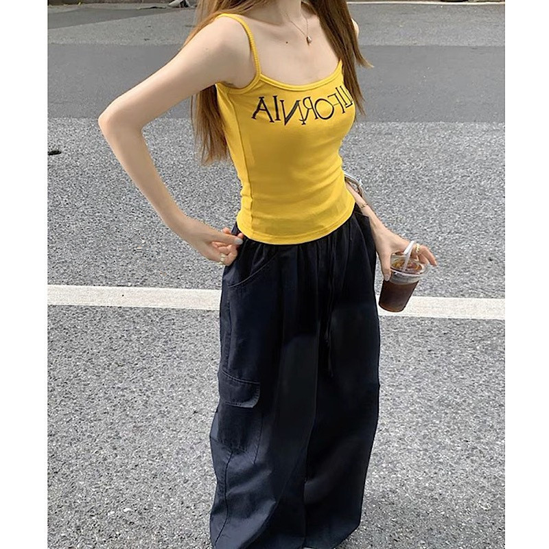 American Style Hot Girl Yellow Letter Print Camisole Women's Outer Wear Summer Slim-fit Slim-fit Sexy Short Top
