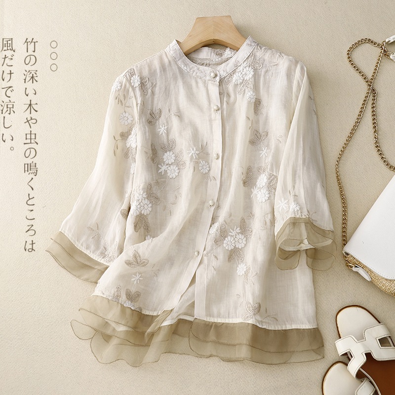 Real Shot Heavy Industry Embroidered Ramie Top Women's Seven-sleeve Cotton and Linen Stitching Small Shirt Women's Artistic Retro New 2025