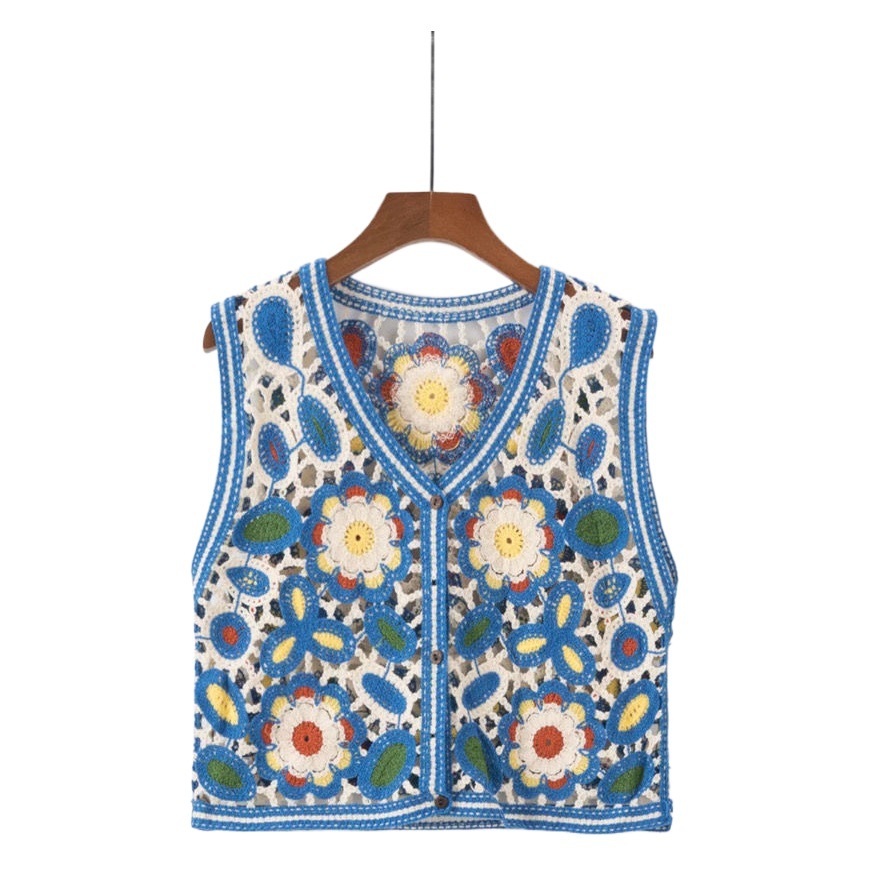 Summer New Hollow Sleeveless V-neck Embroidered Vest Top Women's Waistcoat All-match Vest