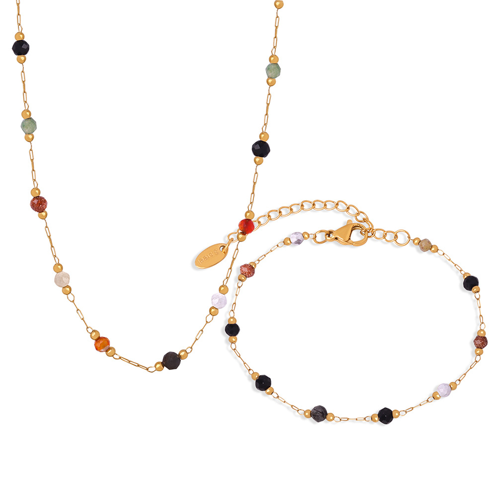 Picture of Minimalistic Fashion Niche Personality All-match Geometric Jewelry Mix and Match Natural Stone Beaded Design Titanium Steel Jewelry suit