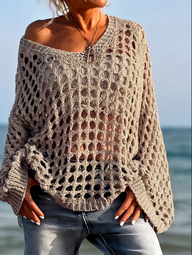 European and American Cross-border New Women's Sweater Solid Color Loose Crewneck Long-sleeved Hollow Sweater Unlined Beach Blouse
