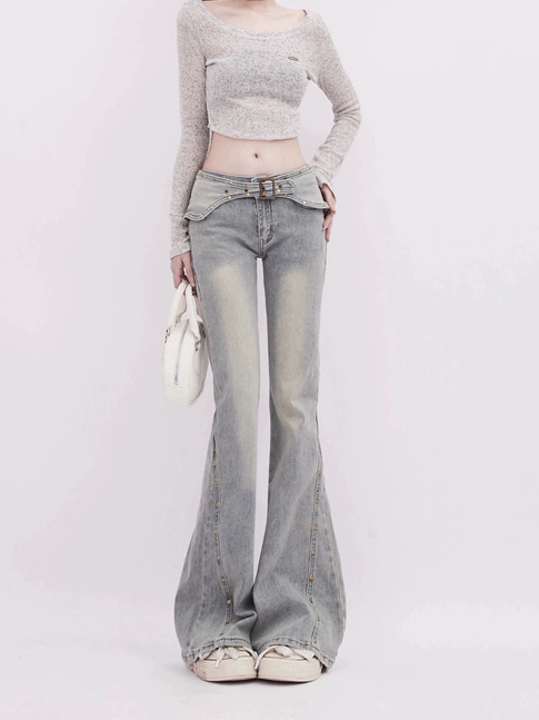 American Style Micro La Jeans Autumn New Vintage Hot Girl Rivet Belt Design All-match Wide Leg Trendy Horn