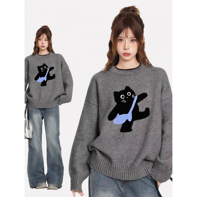 2024 Winter New Loose Lazy Style Bottoming Top Cat Pullover Knitted Sweater Women's Autumn and Winter Thickened