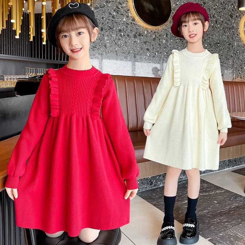 Girls' autumn and winter dress new spring and autumn children's clothing fashionable western style girls' knitted sweater dress spring and autumn