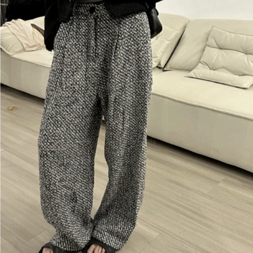 Houndstooth wide-leg pants for women 2023 autumn and winter New lazy style high waist loose slimming straight mop long pants