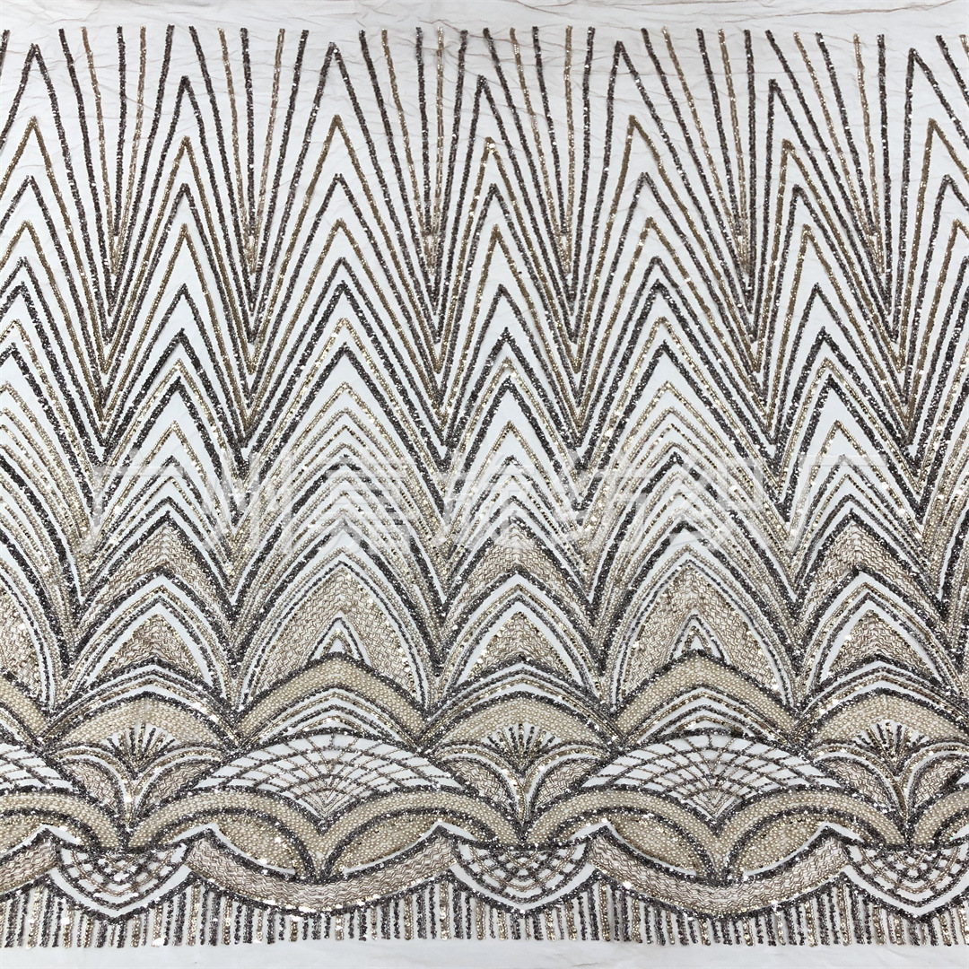 Heavy Industry Two-color European and American Wedding Evening Dress V-stripe Fashion Fabric Beaded Sequins Embroidered Cloth Bead Lace