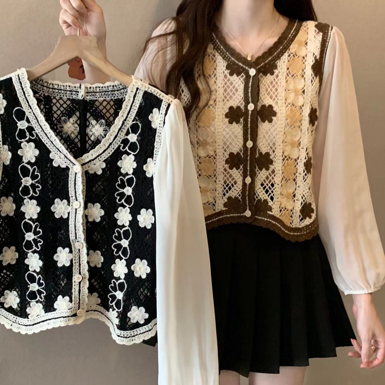 Spring poem ~ plus size retro Korean style personalized three-dimensional hollow-out knitted chiffon long-sleeved shirt for women