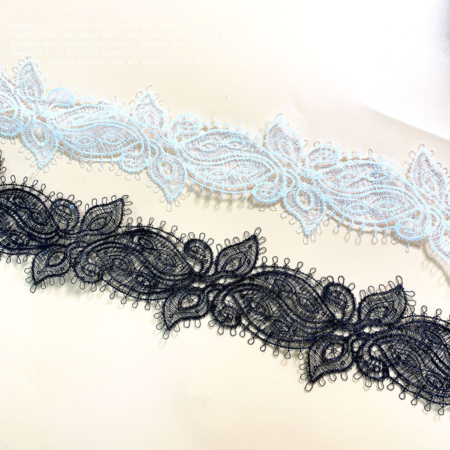 New water soluble embroidery in stock unilateral small barcode lace wedding accessories wholesale with sequins fish thread lace