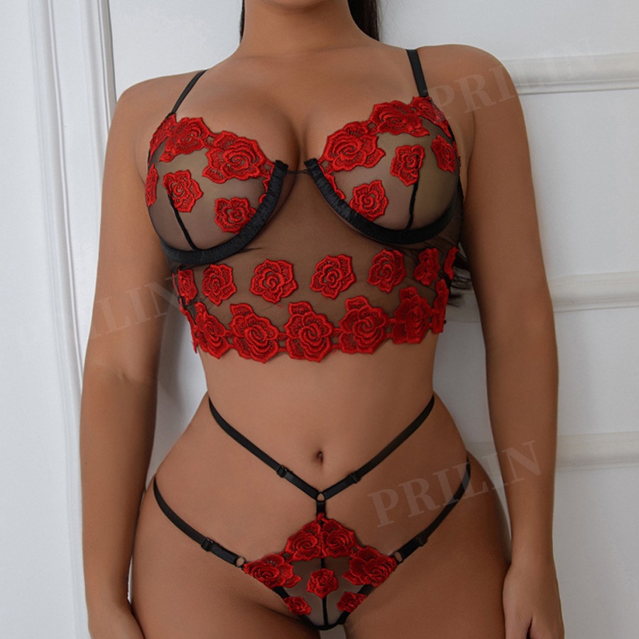 Cross-border supply of European and American foreign trade sexy underwear sexy women's red lace three-point underwear set Wholesale