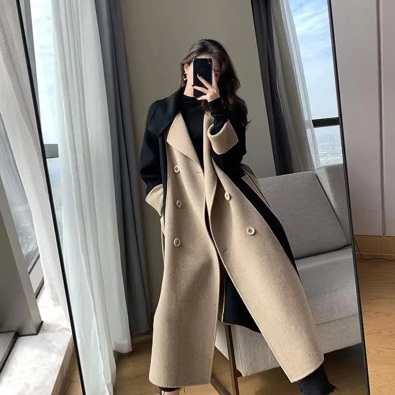 Women's Large Size Woolen Coat Long Winter Double-sided Fleece Wool Colorblock Elegant Hepburn Loose Slimming Windbreaker