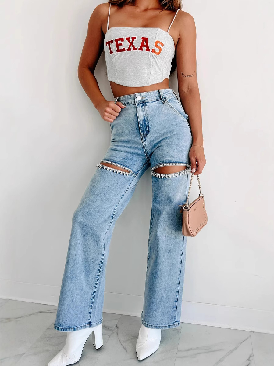 Picture of Cross-border Amazon eBay2025 New Chain Ripped Straight Jeans Washed Fashion High Waist Jeans for Women