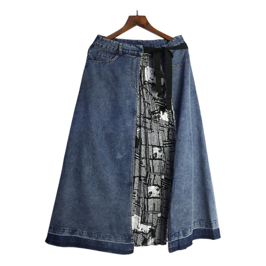230906 retro contrast color denim skirt 2023 autumn new design sense niche stitching pleated chiffon skirt