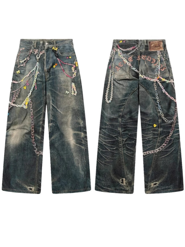 Nanyou High Version ac Home 25 Early Spring New 1996 Retro Chain 3D Printed Scimitar Jeans Straight Pants
