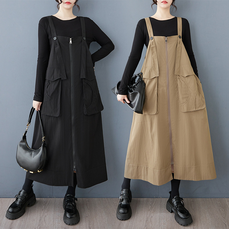 Real Shot Spring and Autumn Fashion Large Pocket Zipper Niche Wear Skirt with Strap Loose Casual Shoulder Strap Adjustable vest Skirt