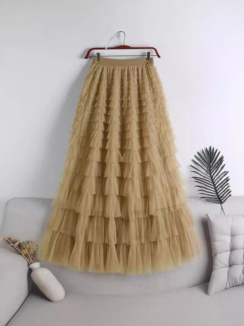 High-grade mesh skirt women's spring and autumn 2024 new high waist layer cake skirt long fairy