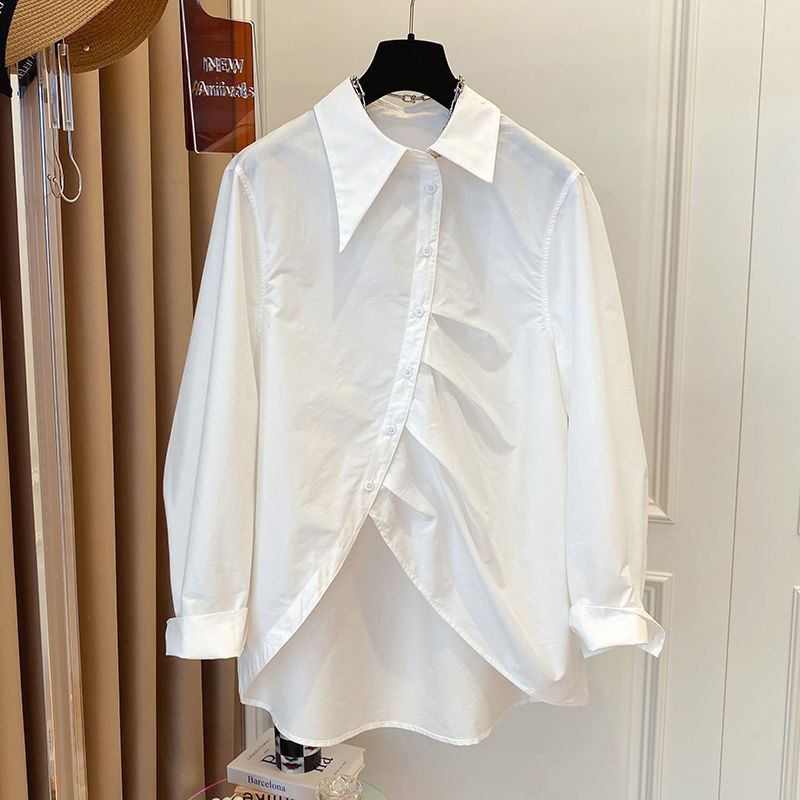 Picture of Chic Design Sense Niche Loose French Pointed Collar Asymmetrical White Shirt Women's Spring and Autumn Long-sleeved High-end Sense Top
