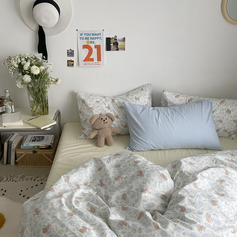 Picture of Small fresh pastoral style cotton bed four-piece set cotton bed sheet quilt cover quilt cover bed hat dormitory three-piece set