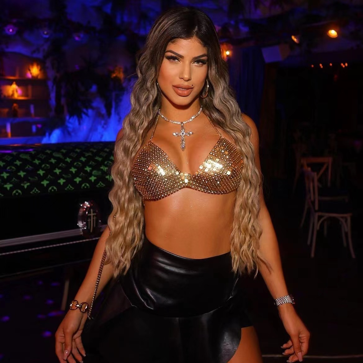 European and American 2024 nightclub sexy temptation chain heavy industry halter short tube top metal rhinestone vest YY21206