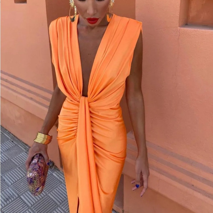 Cross-border European and American Women's AliExpress Explosions Satin V-neck Pleated Sleeveless dress