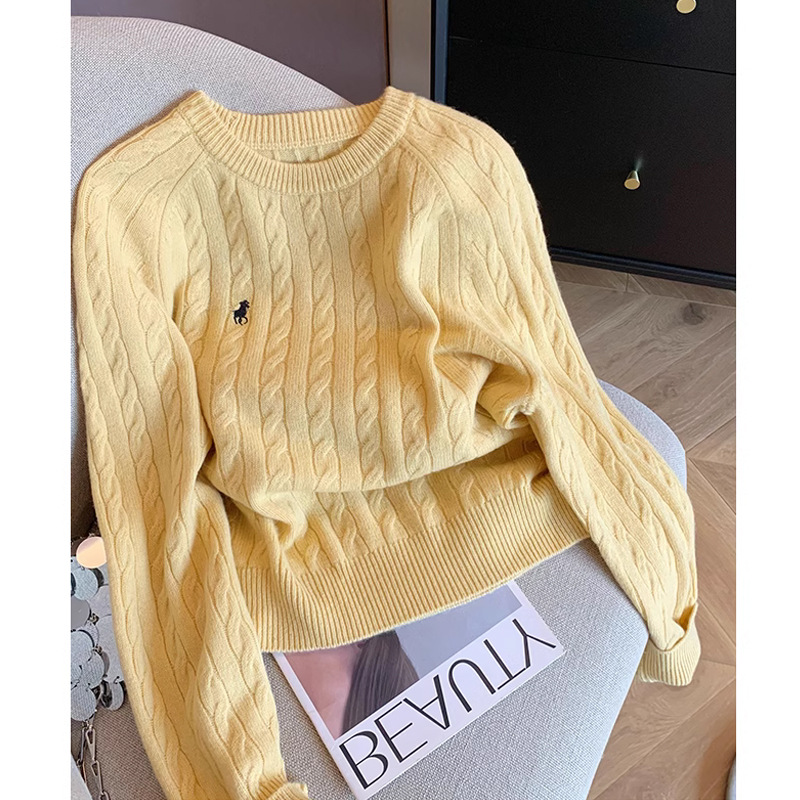 Yellow Embroidered Twist Wool Knitwear Women's 2024 Autumn and Winter New Gentle Age-reducing All-match Soft Waxy Pullover Sweater