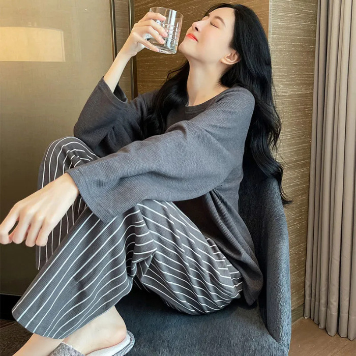 New Korean style pajamas with chest pad Women's Spring and Autumn long sleeve solid color striped summer and autumn home wear suit winter tide