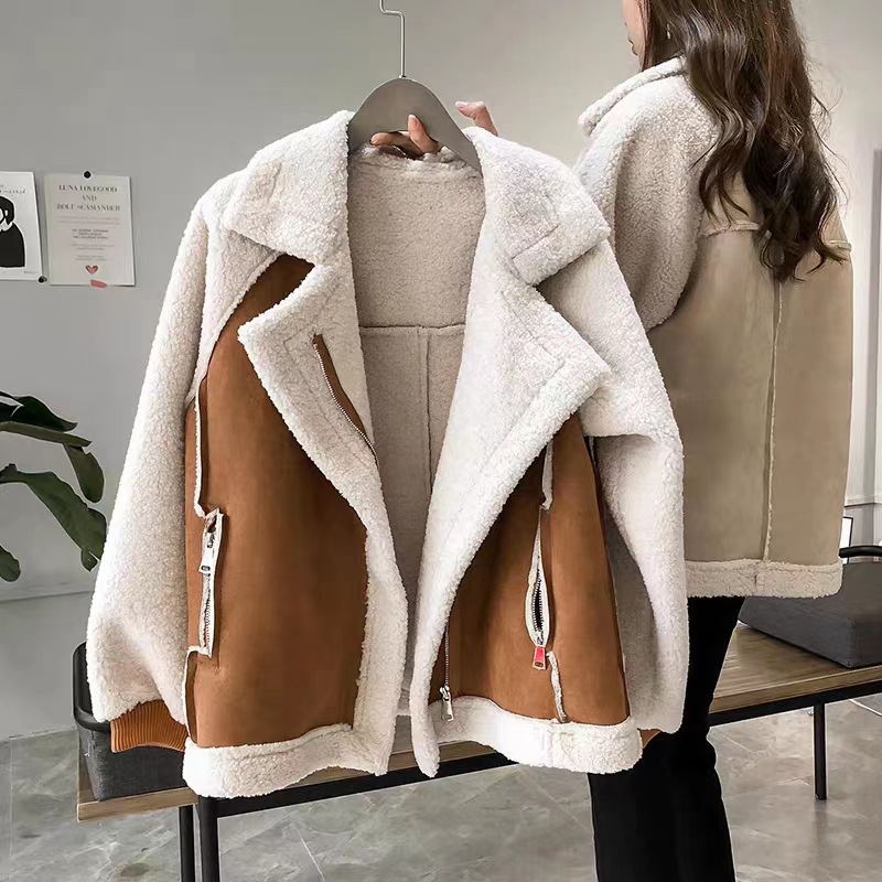 Picture of Foreign Trade Winter Clothing New Chic Loose Fur One-Piece Deerskin Velvet Jacket Women's Short Lamb Velvet Motorcycle Jacket