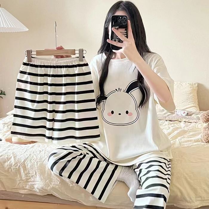 Hot Selling Cute Student Pajamas Summer Female Cartoon Striped Pacha Dog Thin Three-Piece Set Spring and Autumn Home Clothes Set