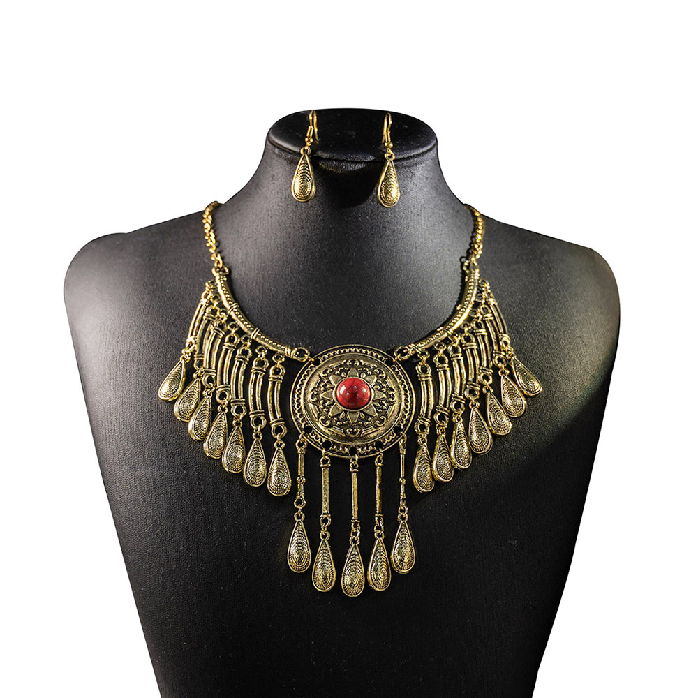 Europe and the United States cross-border retro water drop pendant necklace personality exaggerated national style geometric round jewelry suit wholesale