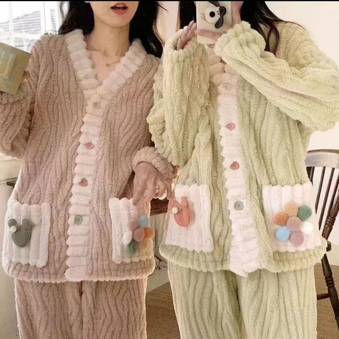 Rainbow Cardigan Pajamas Women's Coral Fleece Suit Autumn and Winter Warm Fairy Style Pajamas Two-Piece Set Casual Home Clothes
