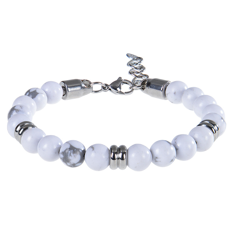 European and American fashion stainless steel bracelet 8mm white turquoise bracelet natural stone men's beaded chain bracelet wholesale
