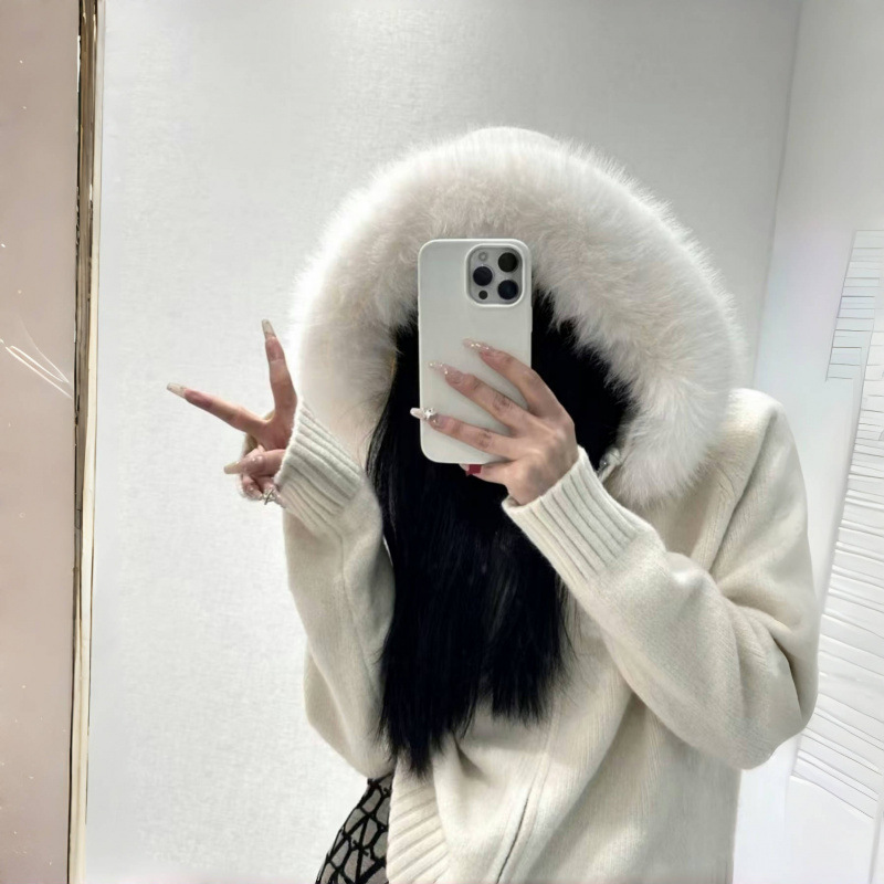 Picture of 25 Autumn/Winter New Fashionable Short Knitted Cardigan with Hood, Stylish and Trendy, Small Size, Faux Fox Fur Collar, Women's Sweater Coat