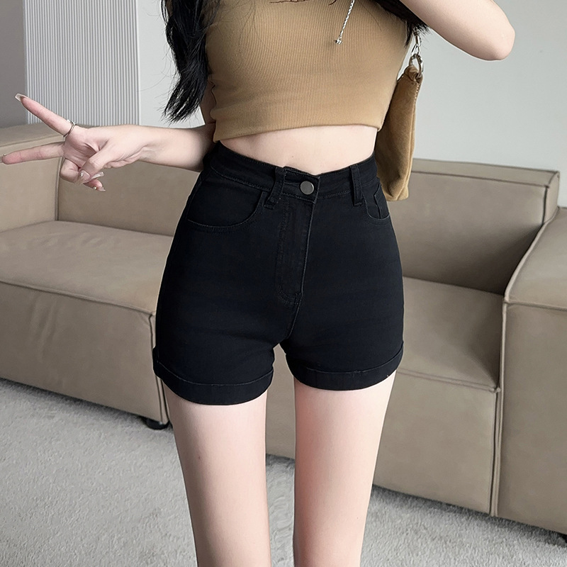 Small Black Tight Denim Shorts Women's Summer High Waist Slimming Hot Pants for Hot Hip Outer Wear American Pants