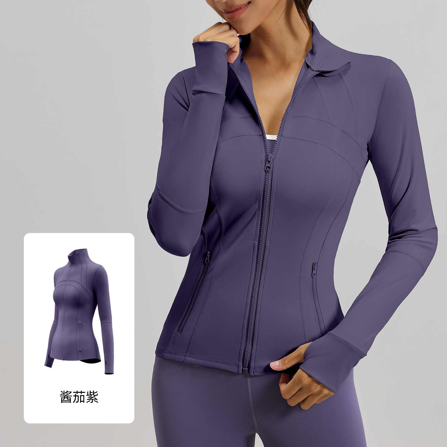 Picture of Juyitang Peach Sports Jacket Women's Spliced ​​Stand-Up Collar Covering Pockets Slimming Fitness Yoga Top