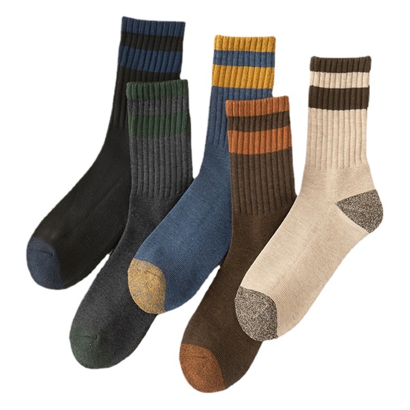 Socks Men's Winter Thickened Foot Bottom Loop Middle Socks Upper Barrel Two-Bar Men's Socks Head and Color-block Men's Stockings Thick