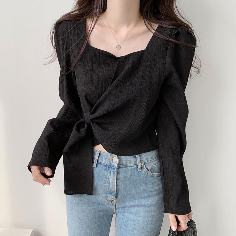 Picture of Korean chic Autumn Vintage Slimming Square Collar Irregular Lace-up Irregular Design Loose Long Sleeve Shirt Top
