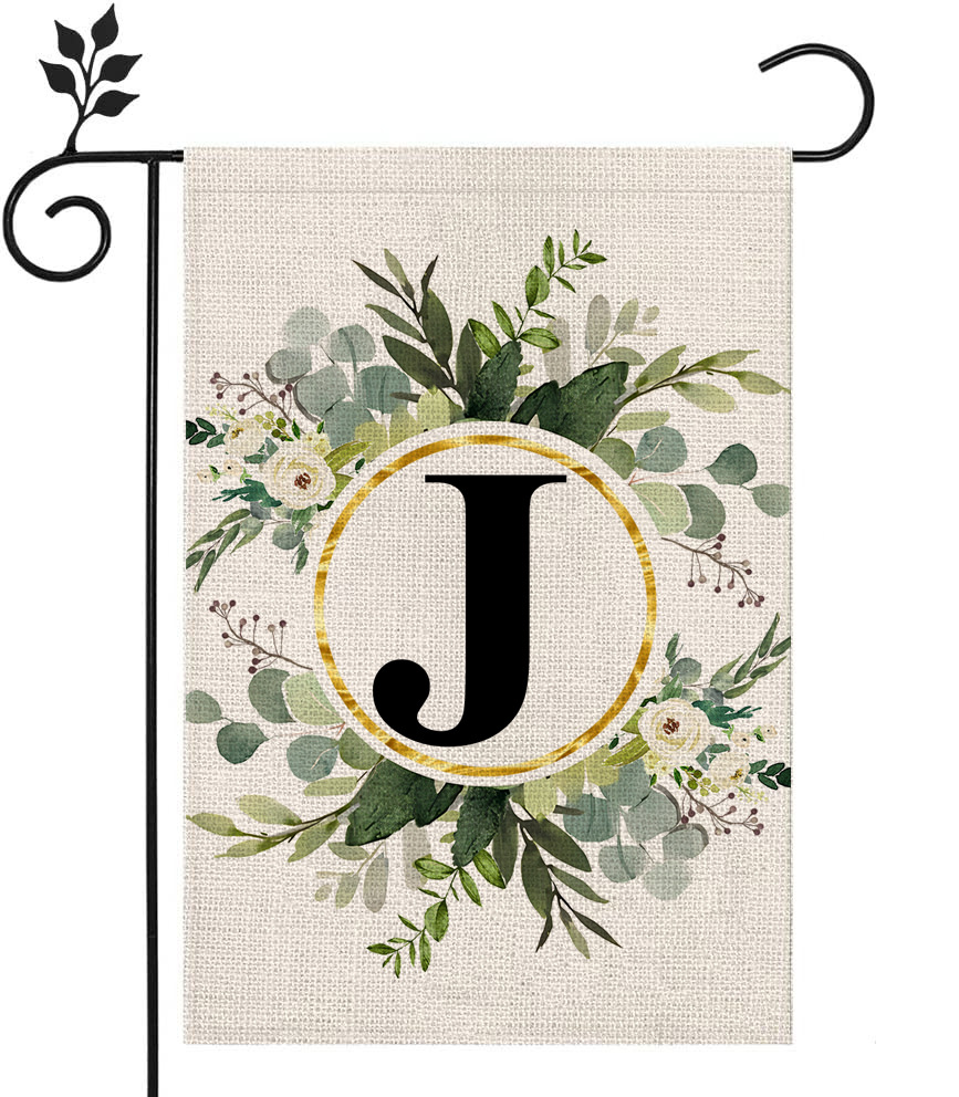 Picture of Simple ins style 26 letters + green plant printed linen garden flag surname initials courtyard door flag