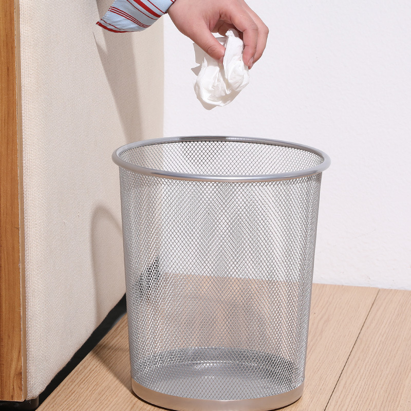 Picture of Metal Mesh Office Round Trash Can Household Wrought Iron Large Trash Basket Kitchen Storage Bucket Wholesale