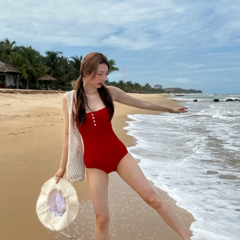 2025 New Summer Red Button Retro Simple Strap Small Chest High-end Hot Spring Conservative Swimsuit for Women