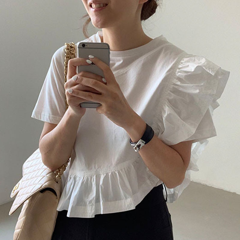 Korean Chic2025 Summer Elegant Round Neck Asymmetrical Design Ruffled Splicing Loose Casual Short-Sleeved Shirt