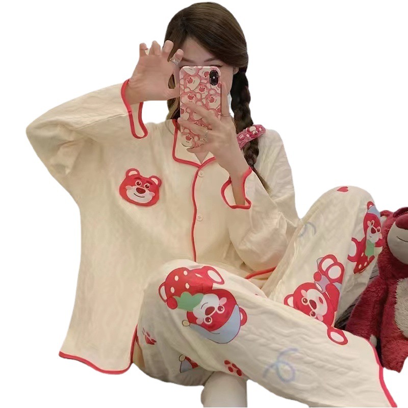 Pajamas Women's Spring and Autumn Cardigan Long-sleeved Trousers Cartoon Simple Plus Size Women's Casual Student Home Clothes Set