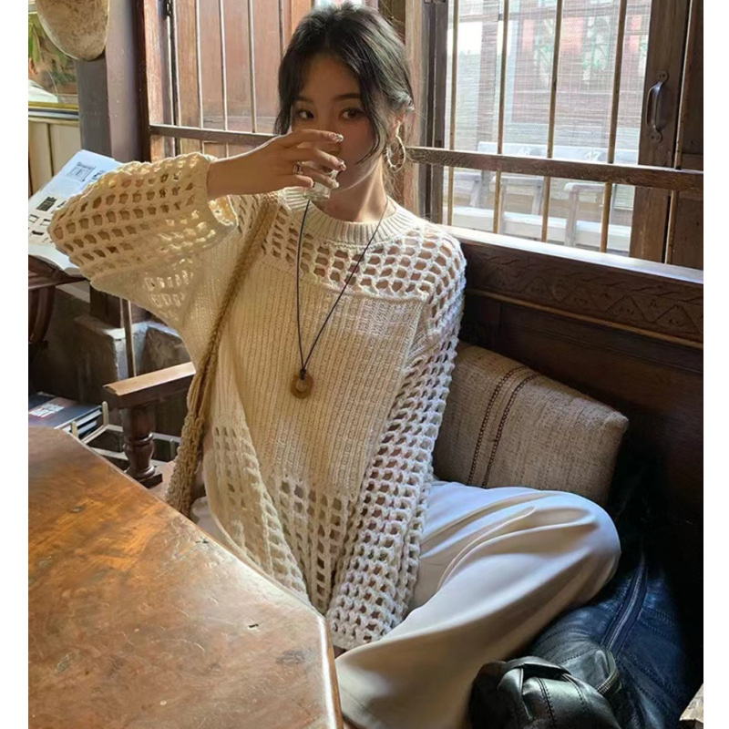 Rice apricot French Elegant Hollow Knitted dress Mid-length Stacked Air Conditioning Blouse Holiday Skirt