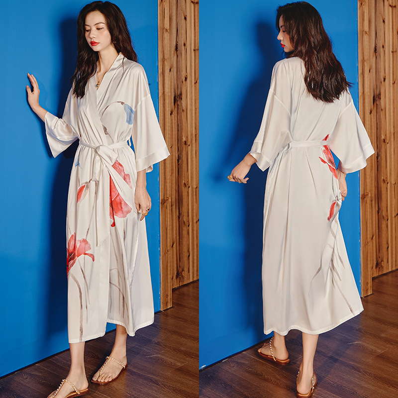 Picture of Yaoting Satin Printed Pajamas for Women Summer Large Size Accessible Luxury Three-Quarter Sleeves Cool Long Nightgown Home Wear Women Wp2669