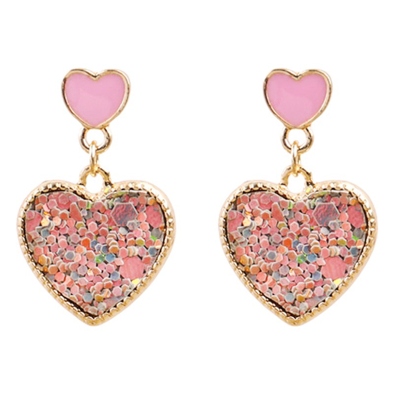 S925 silver needle South Korea new pink love personalized three-dimensional sequin earrings double heart ear clip all-match earrings B873