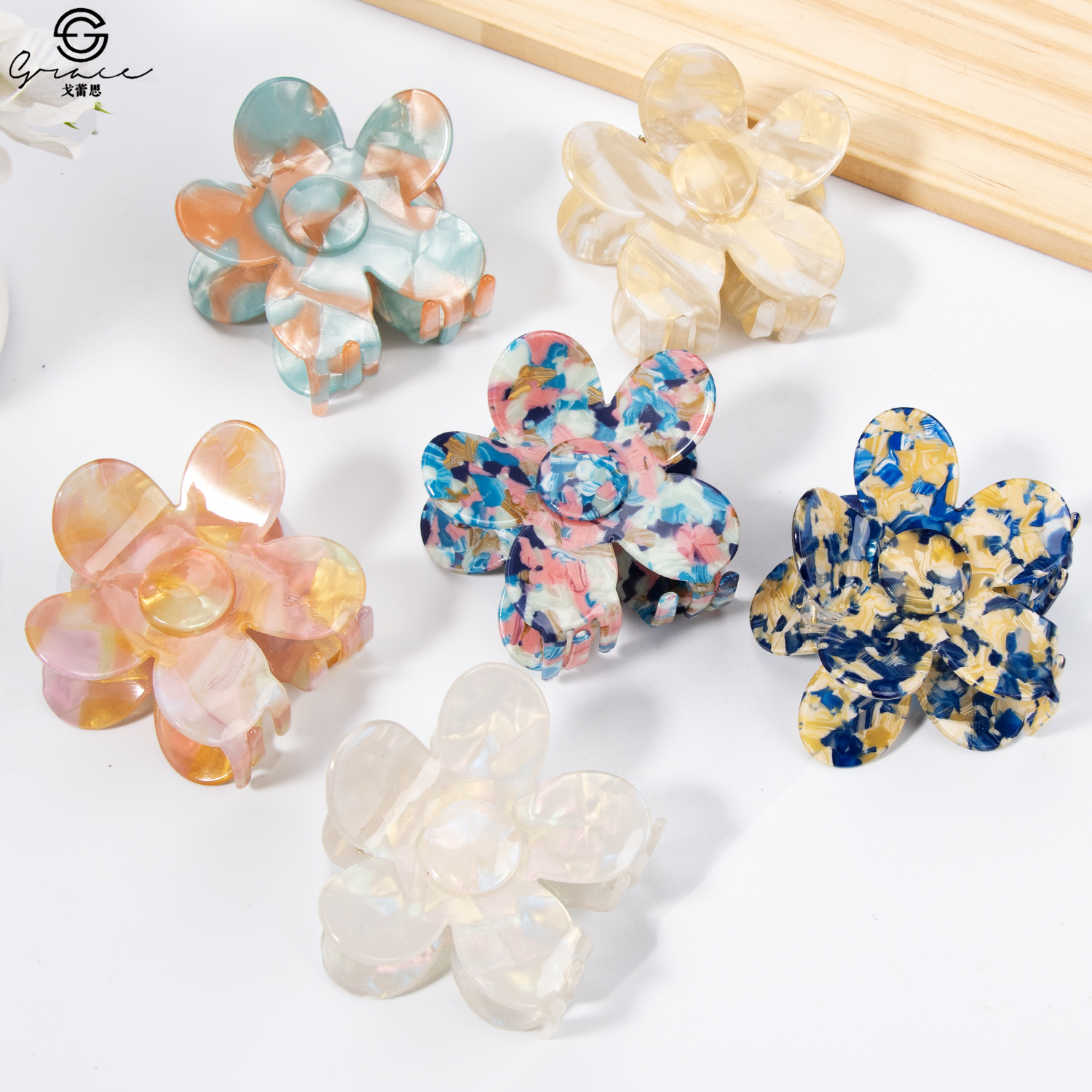 Summer New Retro Simple Style Hair Grab Acrylic Flower Grabber Plate Hairpin Back of Head Hairpin Hair Claw Hair Accessory