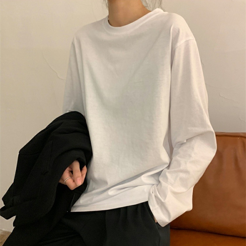 Long-Sleeved Women's Autumn and Winter New Korean Style Thin Student Round Neck Inner Top Loose Casual Slim Girl T-Shirt