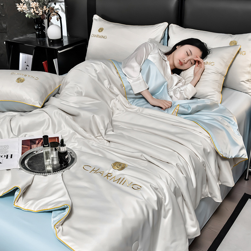 Picture of Class A Washed Ice Silk Summer Quilt Four-piece Set Summer Cool Quilt Nude Sleeping Embroidered Air-conditioning Quilt Cool Silk Summer Thin Quilt