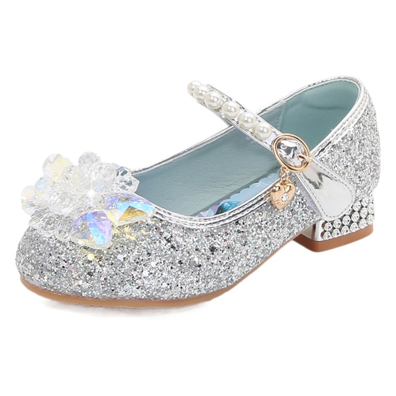 Girls' Leather Shoes 2024 New Fashionable and Plaid Elsa Princess High Heels Primary and Secondary School Students Performance Children's Crystal Shoes
