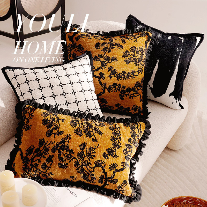 Simple Entry Luxury Advanced Retro Style New Chinese Pillow Case Sofa Bed Brown Bed Waist Pillow Cushion Bay Window