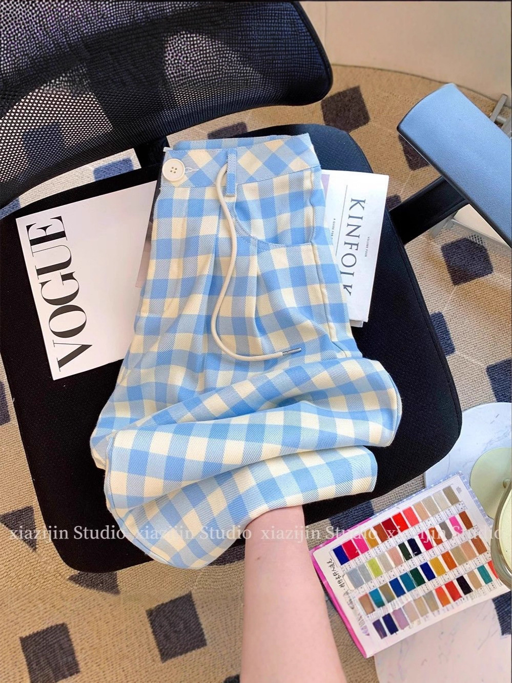 Picture of 2025 new blue plaid slacks, summer and spring thin women's loose wide-leg pants, high-waisted drape Yamamoto pants