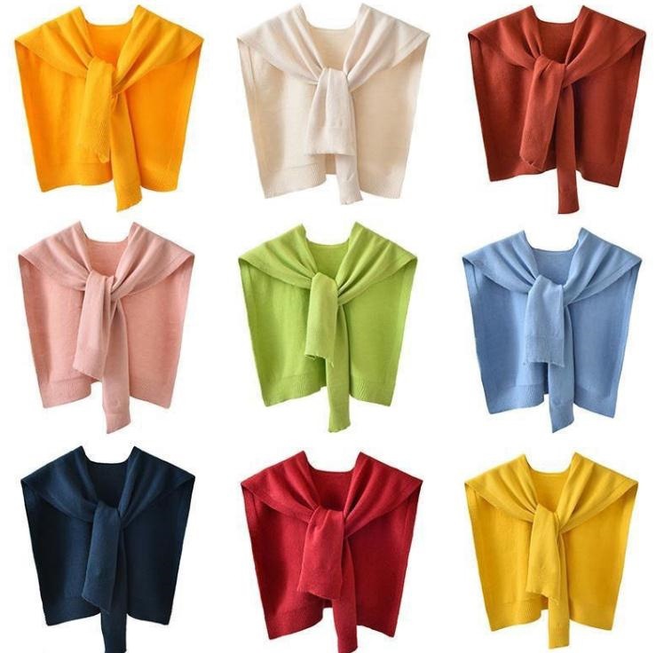 Picture of Core-spun Yarn Knitted Shawl Women's Spring and Autumn Outer Waistcoat Solid Color Shoulder Thin Cardigan Summer Knot False Collar Scarf
